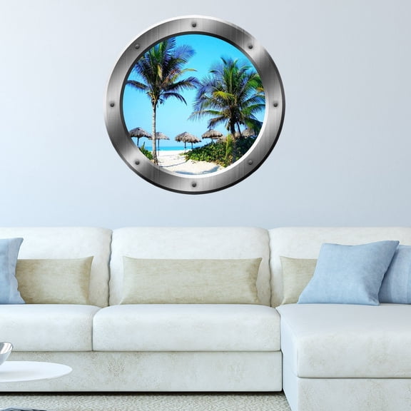 VWAQ Palm Trees Wall Sticker Porthole Beach Scene Window Decal Wall Art Peel And Stick Decor - SP14 (14" Diameter)