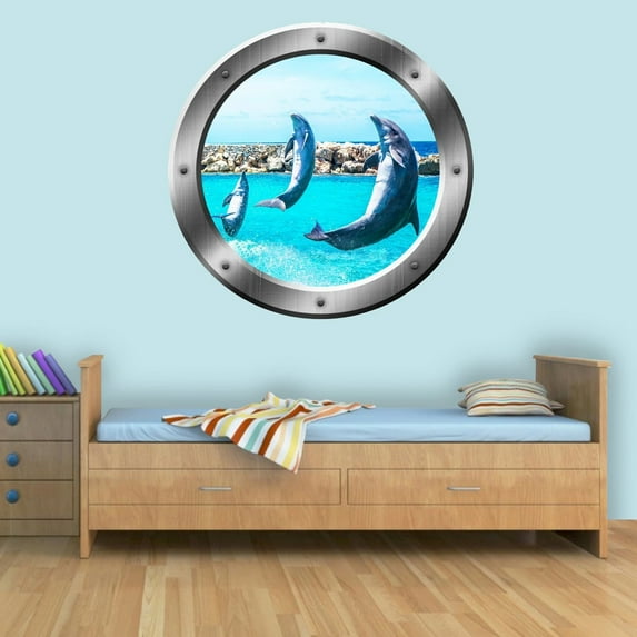 VWAQ Porpoise Wall Decal Dolphin Porthole 3D Wall Sticker Sea Mammal Decor - SP26 (14" Diameter)