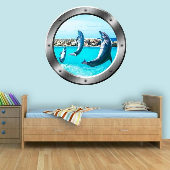 VWAQ Porpoise Wall Decal Dolphin Porthole 3D Wall Sticker Sea Mammal Decor - SP26 (14" Diameter)