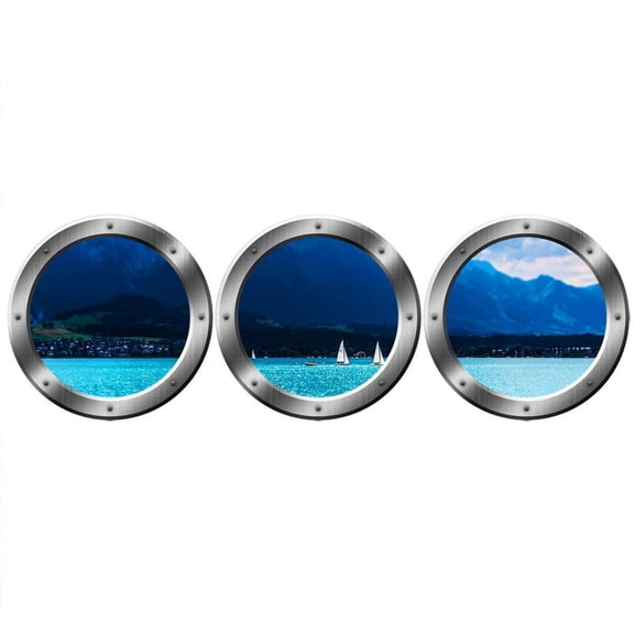 VWAQ Portholes Decor, Boat Window Decals \ Ocean View Wall Mural - VWAQ-SPW3 (14" Variation, Silver)