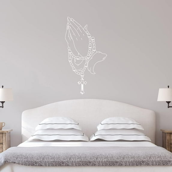 VWAQ Praying Hands Rosary Vinyl Wall Art Decal - Christian Religious Home Decorations (45"H X 23"W, White)