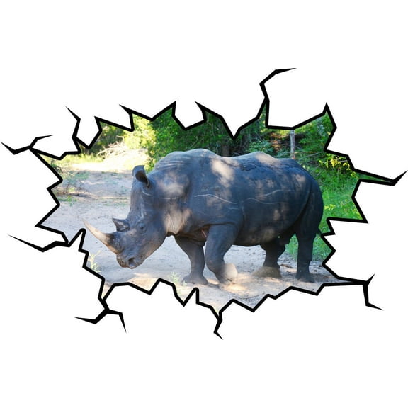 VWAQ Rhino Wall Decal Rhino Wall Art Hole In The Wall Safari Animal Decor VWAQ-WC11 (24"H X 30"W)
