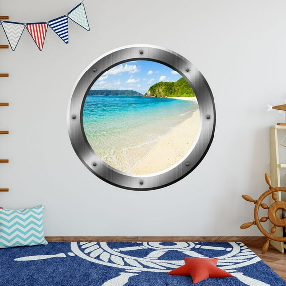 VWAQ Sandy Beach Wall Decal Porthole 3D Wall Sticker Peel And Stick Decor VWAQ-SP20 (14" Diameter)