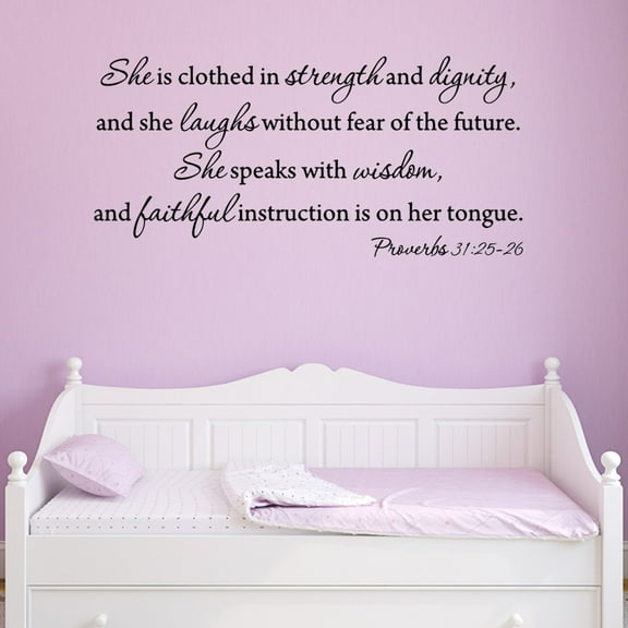 VWAQ She Is Clothed In Strength And Dignity, Proverbs 31 25-26 Vinyl Wall Art Decal Sticker For Womans Bedroom -18095 (17" H X 30" W)