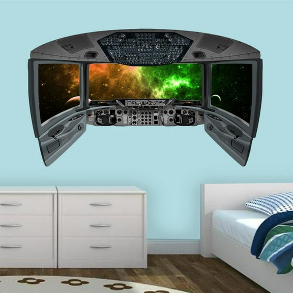 VWAQ Space Shuttle Cockpit Wall Decal | 3D Spaceship Window Galaxy Space Mural - CP28