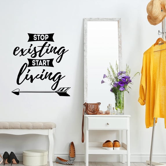 VWAQ Stop Existing Start Living Wall Quote Saying Inspirational Bedroom Wall Decal Motivational Wall Art Sticker Home Decor - 22.5"H X 21"W BLACK