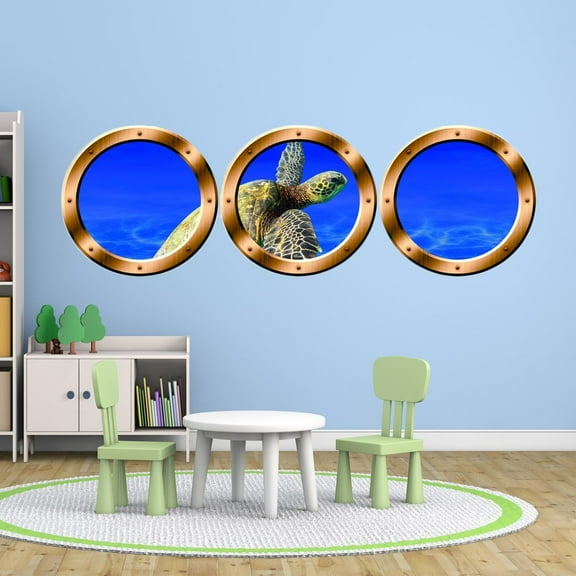 VWAQ Submarine Porthole Decal, Sea Turtle Wall Decor - Ocean Animals Stickers -VWAQ-SPW19 (14" Diameter, Bronze)