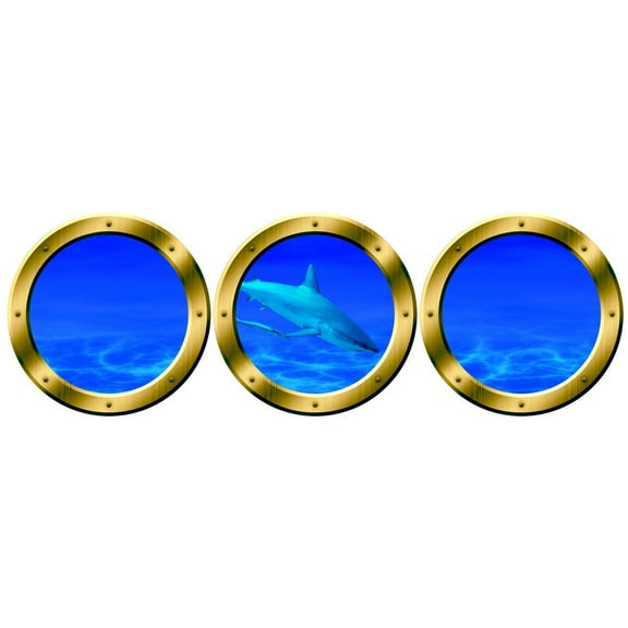 VWAQ Submarine Porthole - Shark Wall Decals, Underwater Ocean Decor - VWAQ-SPW16 (20" Diameter, Gold)