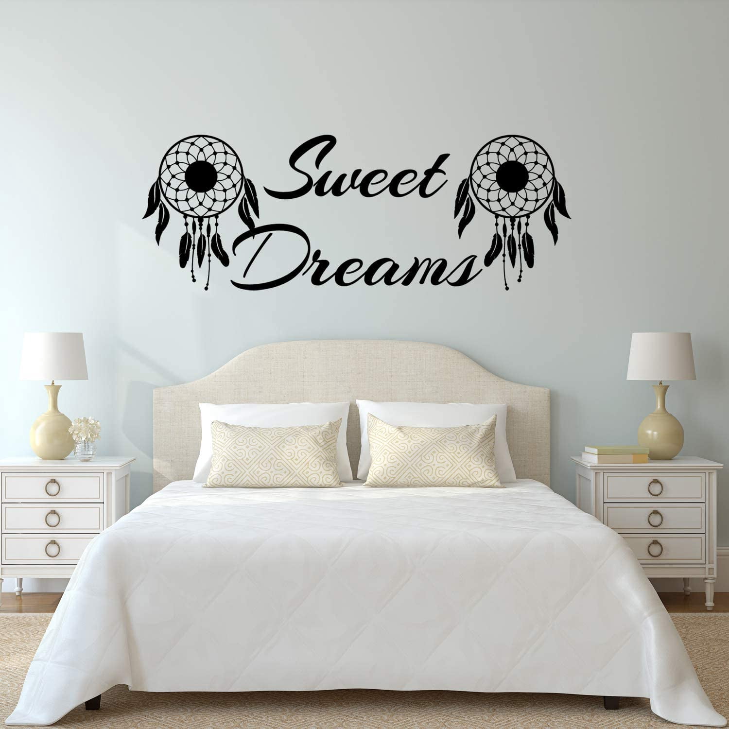 VWAQ Sweet Dreams Nursery Wall Decal - Dream Catcher Wall art Quote Decor Sticker (Black 14.5"H x 40"W)