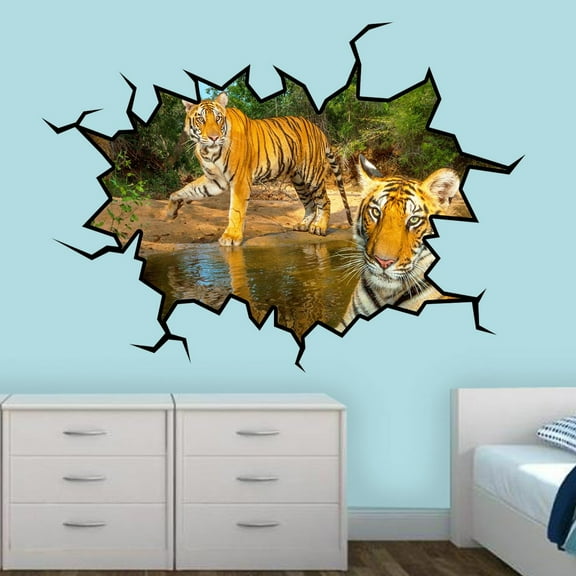 VWAQ Tigers Wall Decal Hole In The Wall Jungle Animal Sticker Boys Room Wall Mural - WC19 (18"H X 22"W)