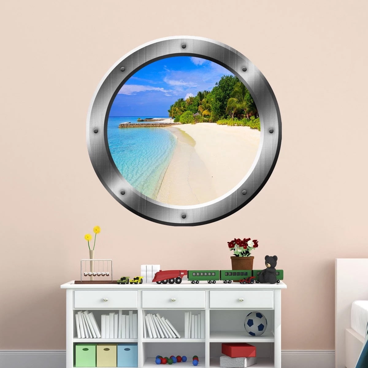 VWAQ Tropical Beach Porthole 3D Ocean View Wall Decal Peel And Stick Decor - SP36 (20" Diameter)