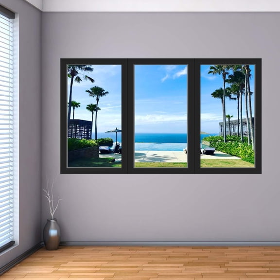 VWAQ - Tropical Beach Vacation Wall Decal 3D Ocean Window View Sticker - OW09