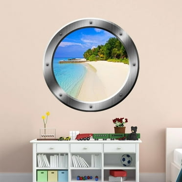 VWAQ Tropical Beach Wall Decal Ship Porthole Ocean View Wall Sticker Peel And Stick Window Mural - SP36 (24" Diameter)