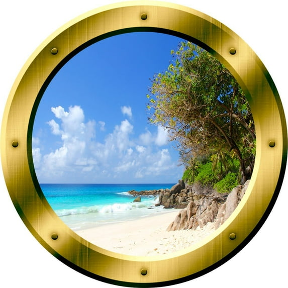 VWAQ Tropical Island Wall Decal Beach Scene Wall Sticker Porthole Decor VWAQ-GP35 (14" Diameter)
