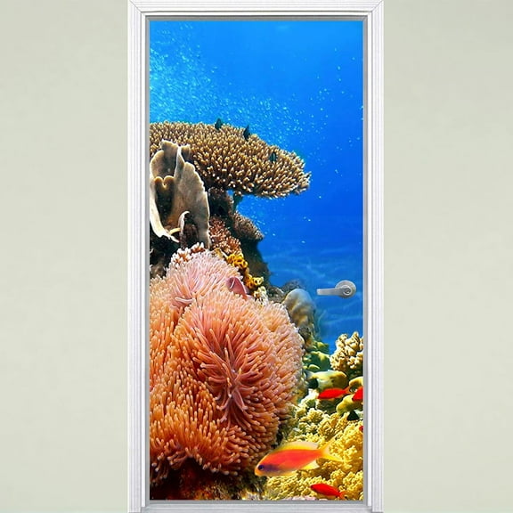 VWAQ- Underwater Coral Reef Door Mural - Ocean Vinyl Fish Decal Decor - DM7