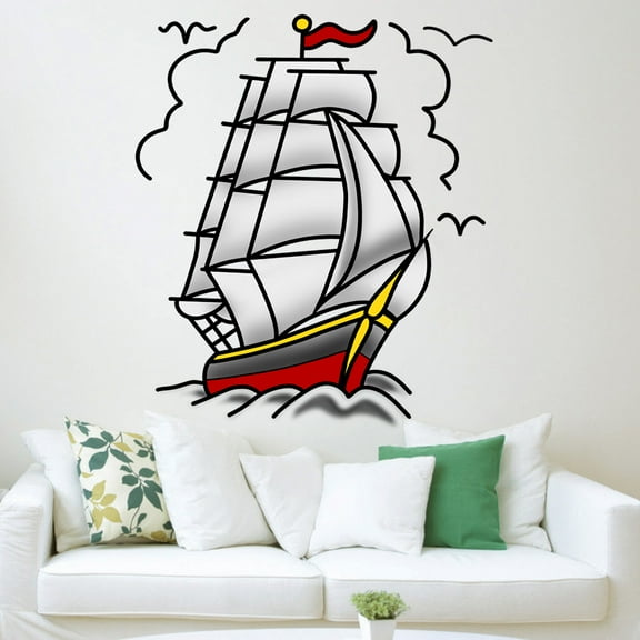 VWAQ Vintage Ship Decal, American Traditional Tattoo Wall Art Decor - AT6 (22" H X 21" W)