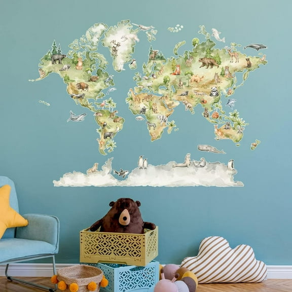 VWAQ World Map with Animals Vinyl Wall Decal Kids Room Decor Nursery Sticker Removable - HOL73 (22"H X 29"W)