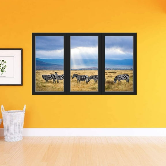 VWAQ - Zebra Wall Art Decal - 3D Office Window Safari Sticker African Savannah Decor - OW18