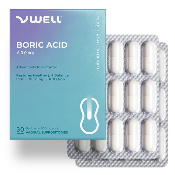 VWELL Boric Acid Vaginal Suppositories for Vaginal Odor for Women's Health, 30 Ct