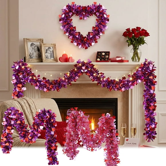 VWRXBZ 16ft Valentine's Day Decorations Garland with Hearts and Ribbons, Plastic Valentine Party Streamers for Wall Decor, Photo Booth Background, Dessert Table, Romantic Room Decor