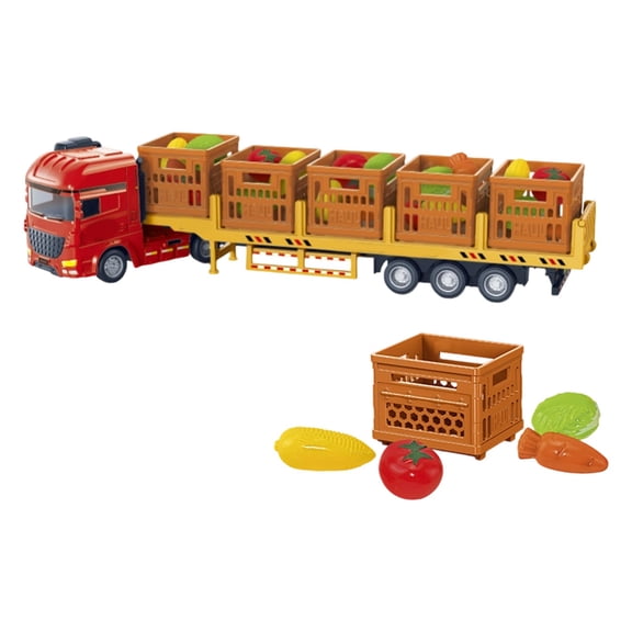 VWRXBZ Large 14.6 Inch Transport Truck Toy with Detachable Trailer and Realistic Food Models, Inertial Powered Pull Back Vehicle for Boys Pretend Play, Vegetable Fruit Beverage Delivery Simulation