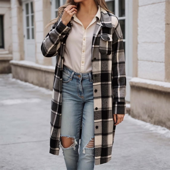VXARARL Flannel Shirt for Women Lapel Button Down Long Sleeve Plaid Jacket Casual Long Fall Trench Coats with Pockets Dark Gray L