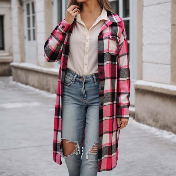 VXARARL Flannel Shirt for Women Lapel Button Down Long Sleeve Plaid Jacket Casual Long Fall Trench Coats with Pockets Hot Pink XL