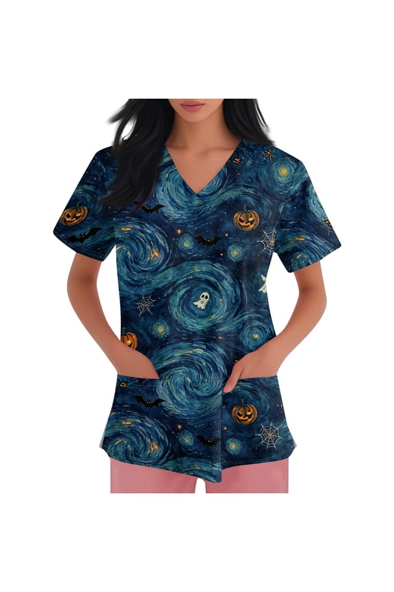 Halloween Scrub Tops Women V-Neck Pumpkin Cat Bat Prints Nurse Tops Medical Nursing Uniform Halloween Costumes-Purple-L