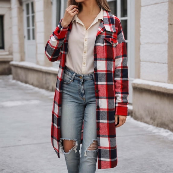 VXARARL Long Flannel Jacket Women Hooded Plaid Coat Oversized Button Down Shacket 2025 Fall Winter Casual Warm Trench Coats Red M