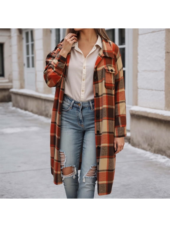 Womens Plaid Shacket Long Flannel Shirt Jacket Corduroy Coats | Casual Lapel Button Down Oversized Long Coat with Pockets, 2026 Trendy Midi Length Fall Winter Outerwear Outfits Orange M