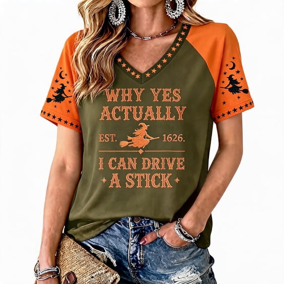 VXARARL Womens Short Sleeve V Neck Halloween T Shirts Pumpkin Shirts Why Yes Actually I Can Drive A Stick Graphic Autumn Tee Tops Ghost Pumpkin T Shirts Army Green L