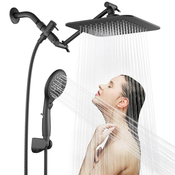 VXV 7-Setting Shower Head, 8” Rain Shower Head with Handheld Spray Combo, 11" Extension Arm Height Adjustable, High Pressure Shower Heads, Matte Black