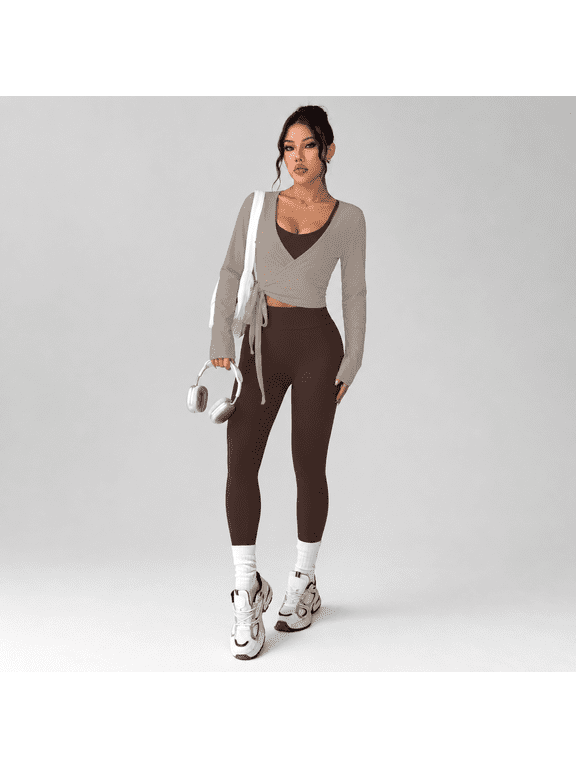 Women's 3-Piece Nylon Yoga Set, Wrap Crop Top, Sports Bra, High-Waist Leggings