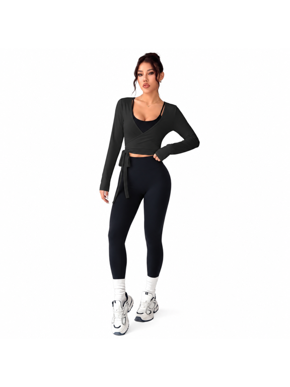 Women's 3-Piece Nylon Yoga Set, Wrap Crop Top, Sports Bra, High-Waist Leggings