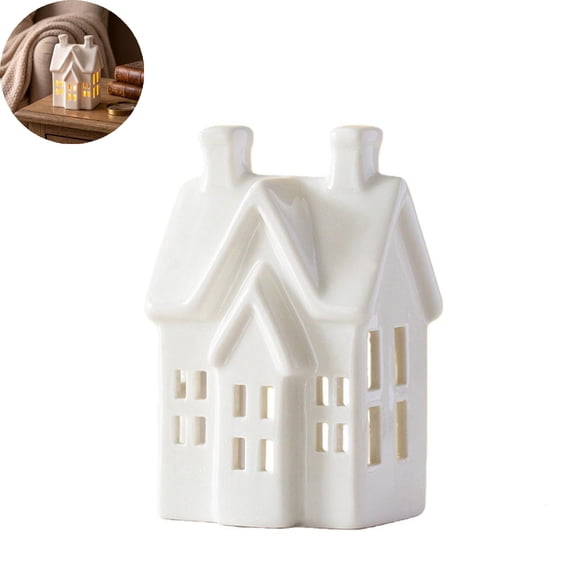 VYARDOZ Candle Holder, Ceramic Christmas Village House Tea Candle Holder, 11.8x6.2cm Mini House Figurine with Hollow Cutout, for Tabletop Shelf Mantel and Winter Home Decor (White)