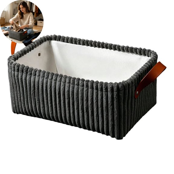 VYARDOZ Storage Basket, Corduroy Organizer Bin with Leather Handles, Soft Fabric Container for Makeup Toys Clothes and Books, Home Nursery Storage