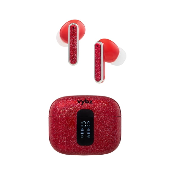VYBZ PRO True Wireless Bluetooth In-Ear Headphones with ANC and LED Charging Case - RED GLITTER