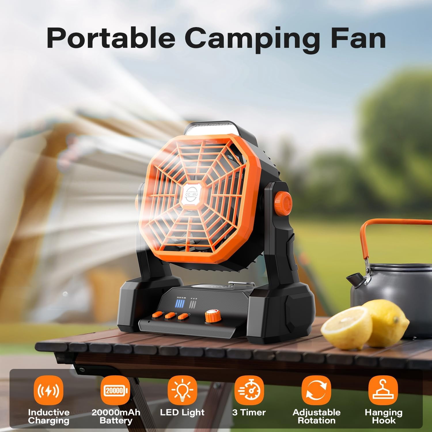 VYIBONTI Portable Camping Fan Rechargeable with Inductive Charging Function  20000mAh Battery Operated Fan with Lights  Outdoor Battery Powered Fan with Remote  3 Timer for Picnic  Fishin