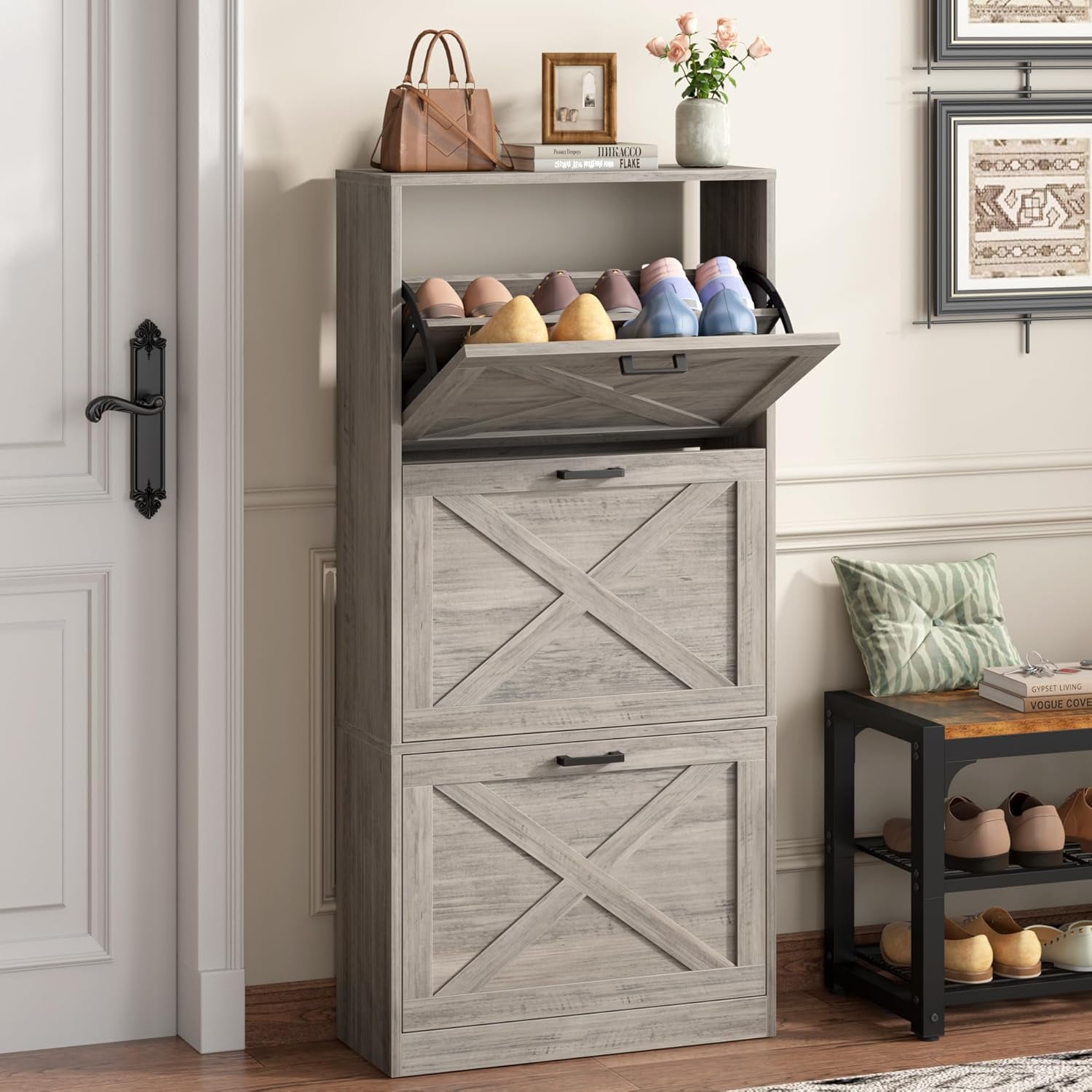 VYIBUON Shoe Storage Cabinet for Entryway 24" Slim Shoe Organizer with ...