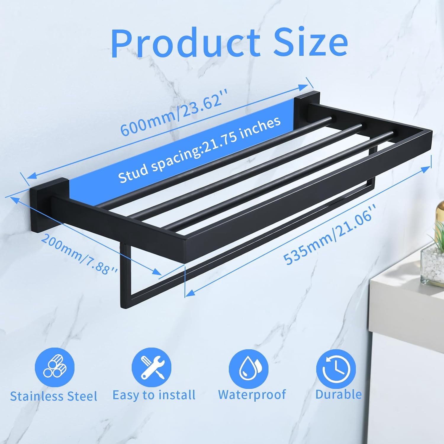 VYIHBO Black Towel Rack 24'' Bath Towel Shelf with Towel Bars SUS304 ...
