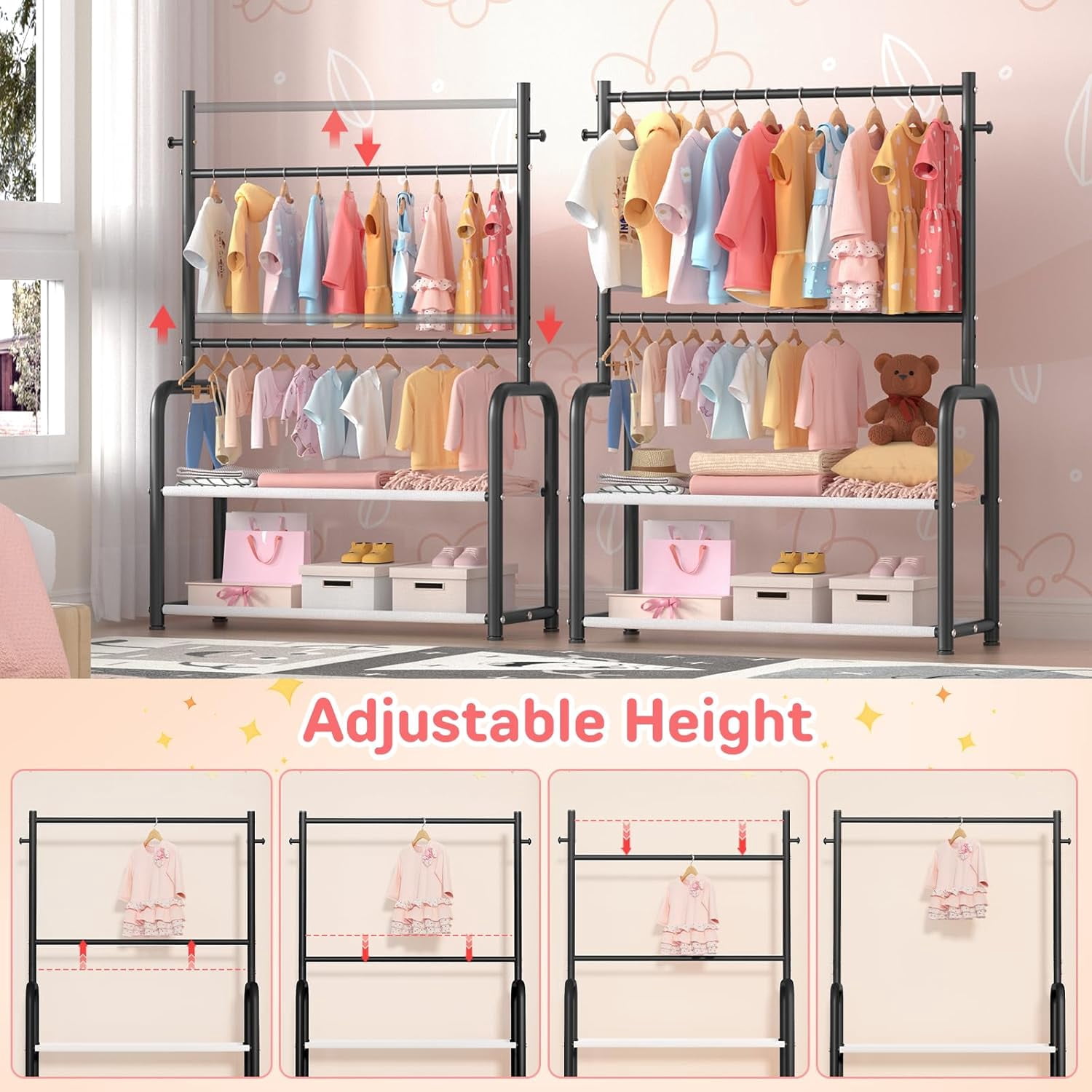 VYIHBO Kids Clothing Rack with 2-Layer Storage Shelf and 2 Adjustable ...