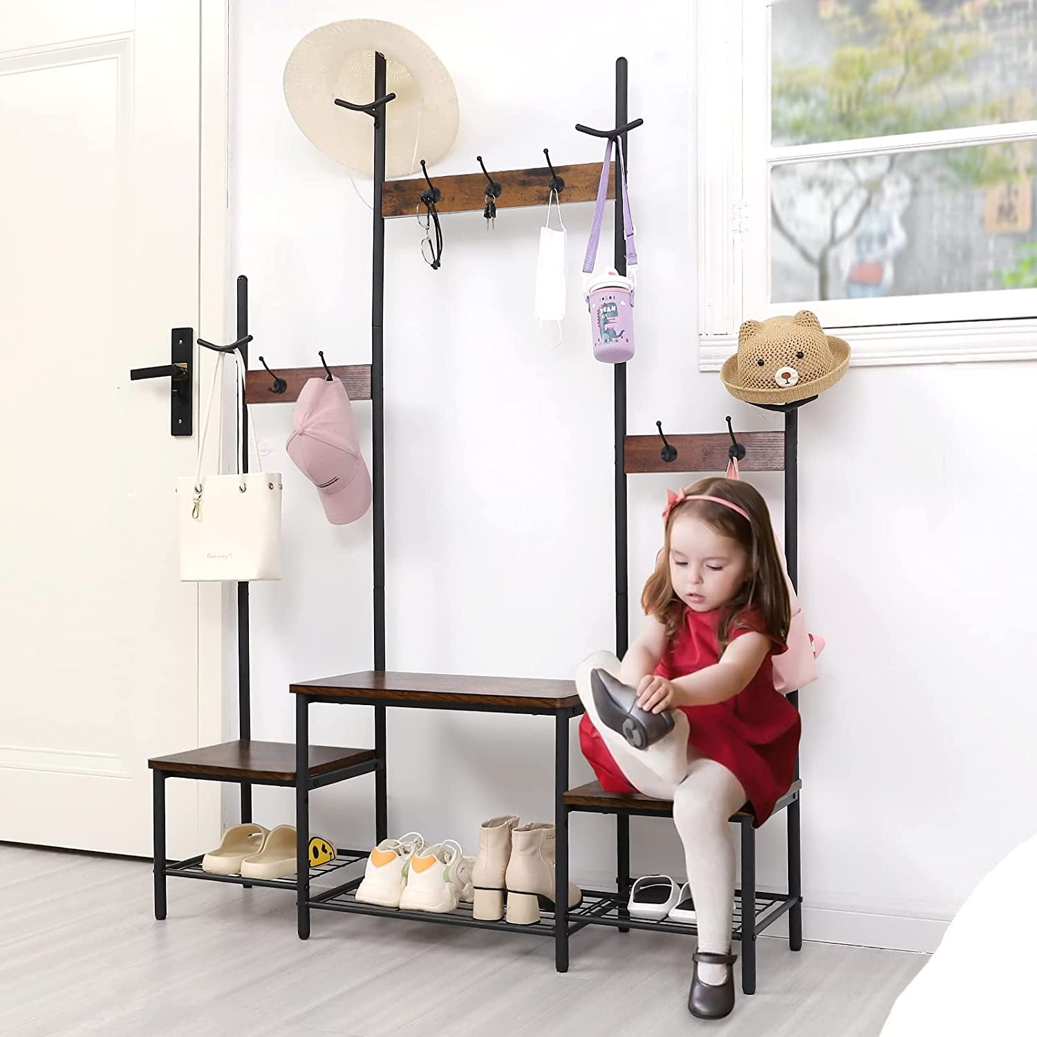 VYIHBO Parent-Child Hall Tree Entryway Bench with Coat Rack Sturdy Shoe ...