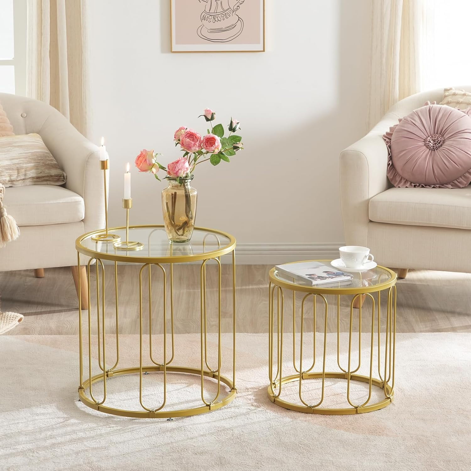 VYIHBO Small Coffee Table Gold Accent End Tables with Metal Frame Round ...