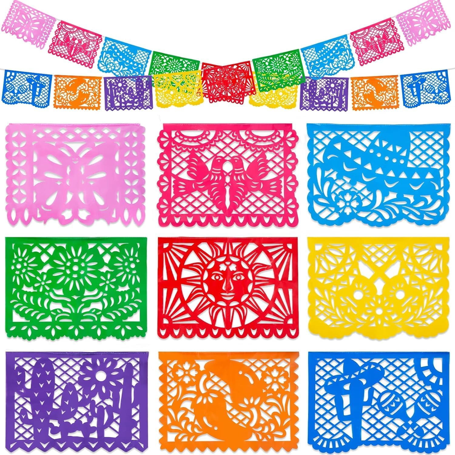 FIESTACONNECT Mexican Banner, White Papel Picado Banner For Weddings, Bridal Shower, Baby Showers, Birthday Parties, White Paper Garland, Fancy Lace Decorations 2pk | Tissue Paper Flags