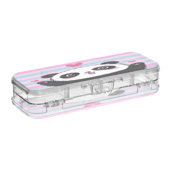 VZAYYK Double Layer Transparent Clear PET Pen Case with Detachable Dividers Adorable Panda Love Design Snap Closure Pencil Box for Study Office Travel