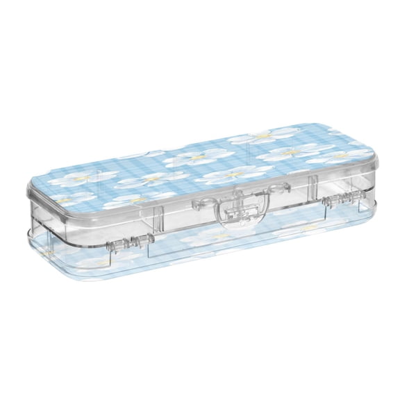 VZAYYK Double Layer Transparent Clear PET Pen Case with Detachable Dividers Blue Checkered Flowers Pattern Snap Closure Pencil Box for Study Office Travel
