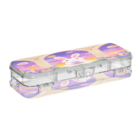 VZAYYK Double Layer Transparent Clear PET Pen Case with Detachable Dividers Castle Easter Bunny Pattern Snap Closure Pencil Box for Study Office Travel