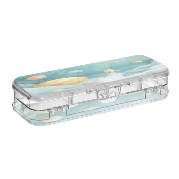 VZAYYK Double Layer Transparent Clear PET Pen Case with Detachable Dividers Cute Rocket Space Planets Print Snap Closure Pencil Box for Study Office Travel