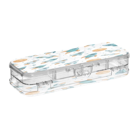 VZAYYK Double Layer Transparent Clear PET Pen Case with Detachable Dividers Little Rocket Ships Pattern Snap Closure Pencil Box for Study Office Travel