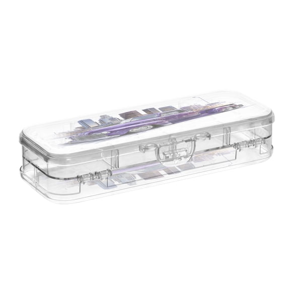 VZAYYK Double Layer Transparent Clear PET Pen Case with Detachable Dividers Vintage Purple Truck City Art Snap Closure Pencil Box for Study Office Travel